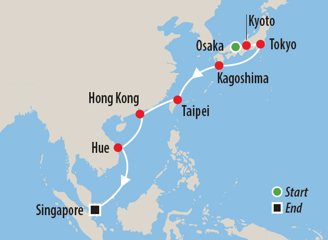 Japan to Singapore Bridge Cruise with Gary Brown Map