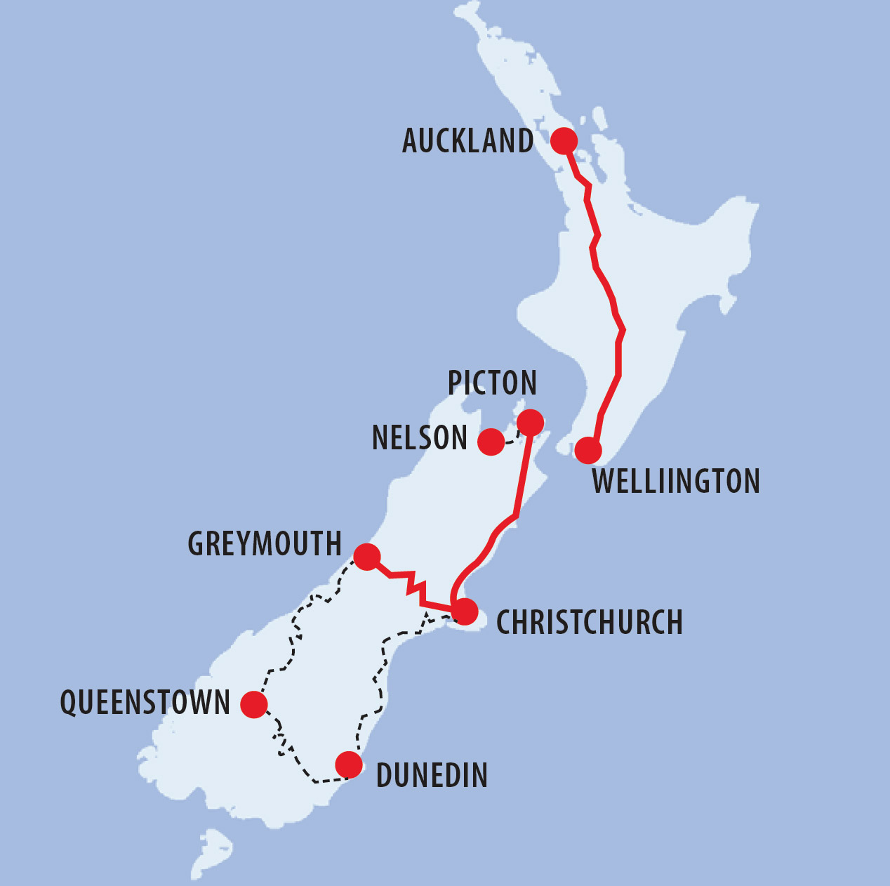 Rail & Coach Exploration of New Zealand Map