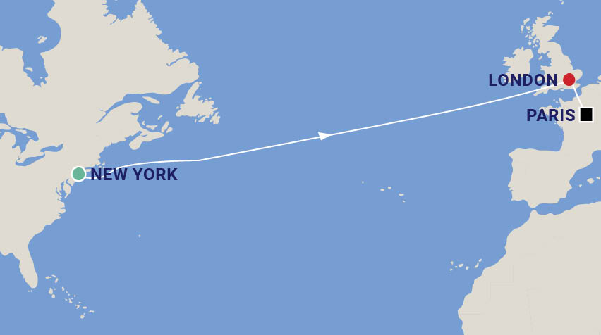 Transatlantic New York to London & Paris Cruise  Map