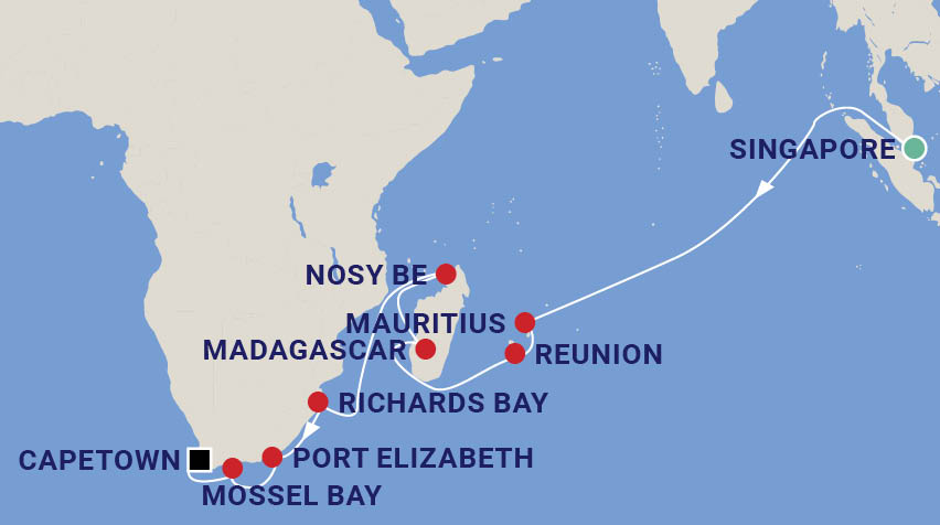 Garden Cruise to Singapore, Mauritius, Reunion, Madagascar and South Africa with Deryn Thorpe Map