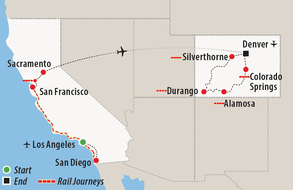 Rail Journeys of USA, California & Colorado Map
